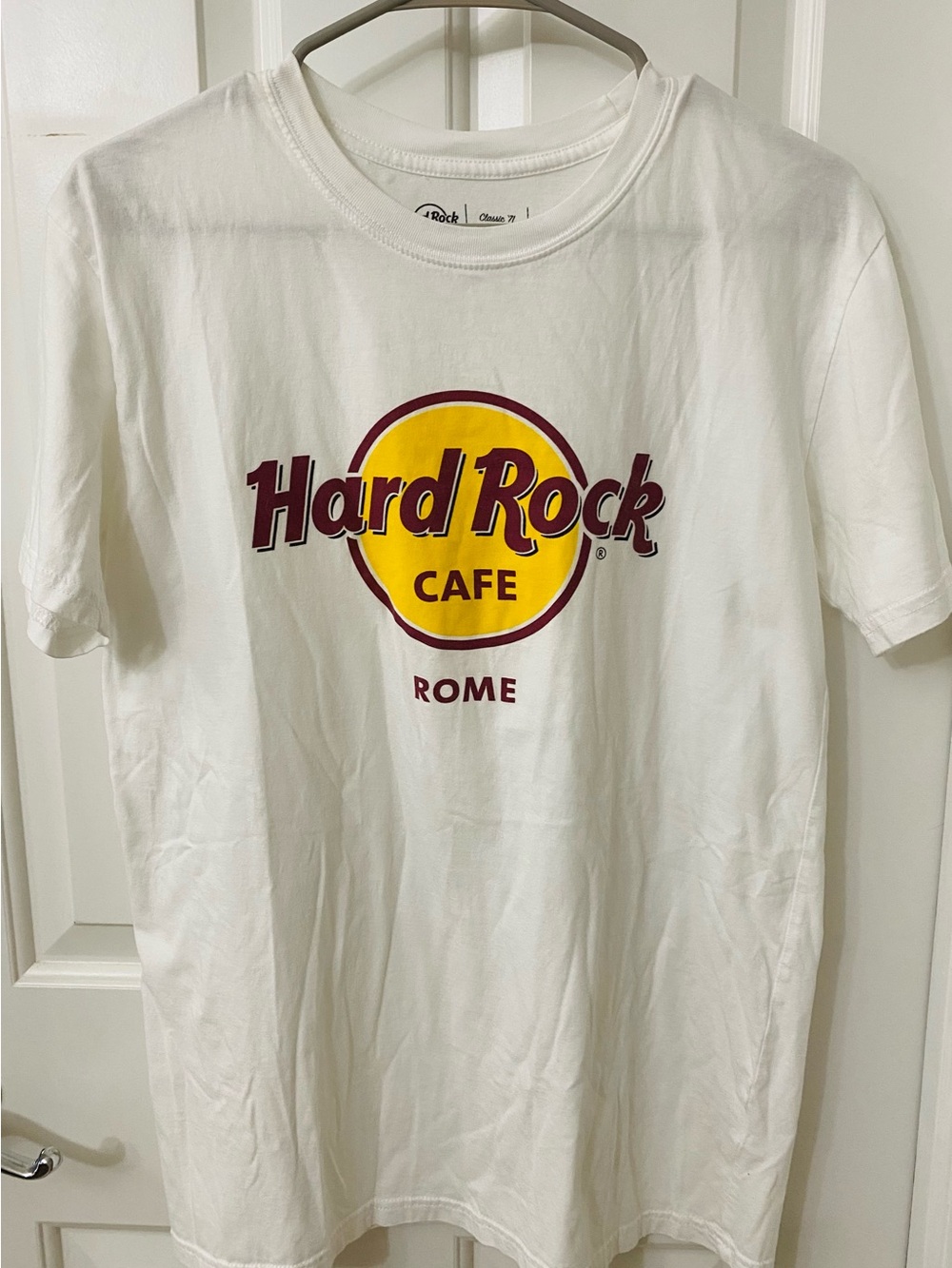 Hard Rock Cafe White T-Shirt with Yellow and Maroon Logo